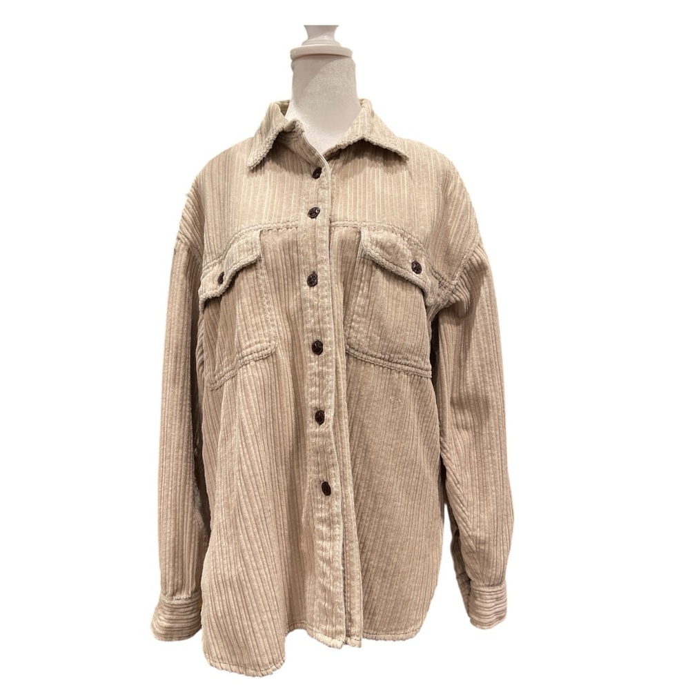 Vintage Signal Heavyweight Corduroy Shacket M Beige Button-Front Tab Pockets